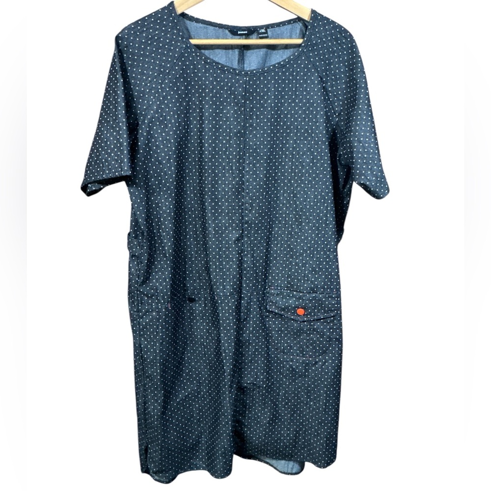 Betabrand Black and White Polka Dot Denim Farmer Market Midi Smock Dress